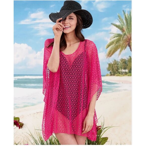 Beach Cover Up Bathing Suit Cover Swimwear Summer Poncho Tunic Pink Open Knit OS - Picture 1 of 9